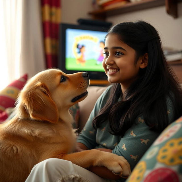 An Indian girl with long black hair, wearing a comfortable home outfit, sitting on a sofa watching TV