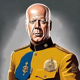 A high-quality digital art portrait of Bruce Willis, portrayed as Colonel Mustard from the Clue board game