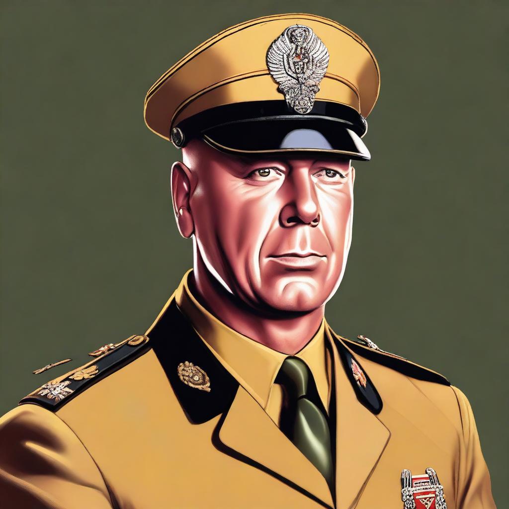 A high-quality digital art portrait of Bruce Willis, portrayed as Colonel Mustard from the Clue board game