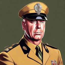 A high-quality digital art portrait of Bruce Willis, portrayed as Colonel Mustard from the Clue board game