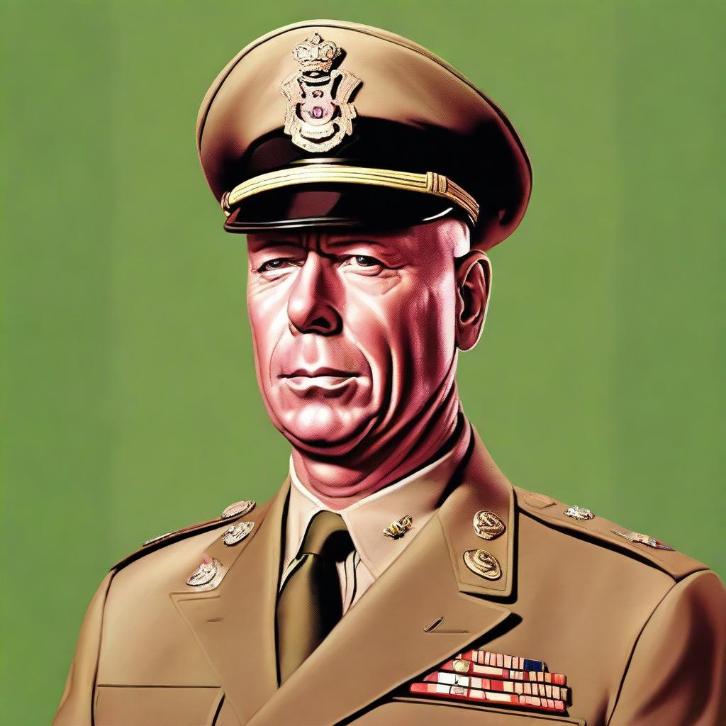 This is a detailed digital art portrait of Bruce Willis, portrayed as Colonel Mustard from the Clue board game, dressed in a 1950s American army uniform