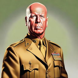 This is a detailed digital art portrait of Bruce Willis, portrayed as Colonel Mustard from the Clue board game, dressed in a 1950s American army uniform