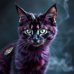 A mystical cat with a unique fur pattern of purple, black, and burgundy that resembles smoke