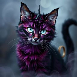 A mystical cat with a unique fur pattern of purple, black, and burgundy that resembles smoke