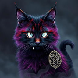 A mystical cat with a unique fur pattern of purple, black, and burgundy that resembles smoke