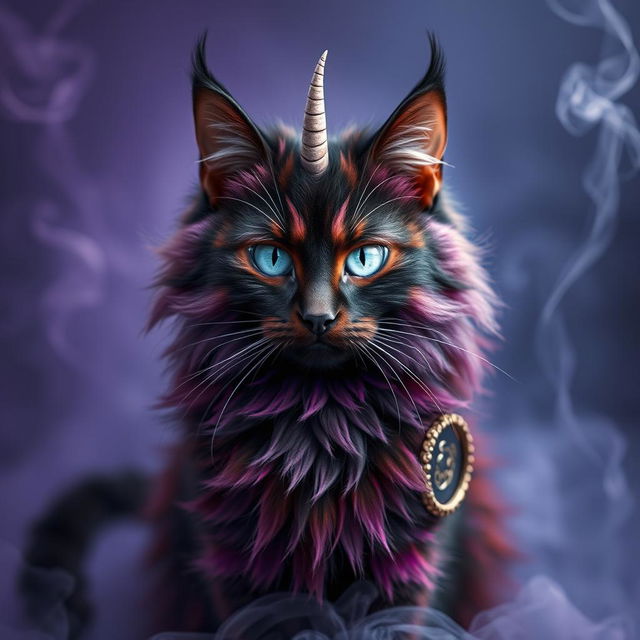 A mystical cat with a unique fur pattern of purple, black, and burgundy that resembles smoke