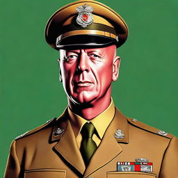 This is a detailed digital art portrait of Bruce Willis, portrayed as Colonel Mustard from the Clue board game, dressed in a 1950s American army uniform