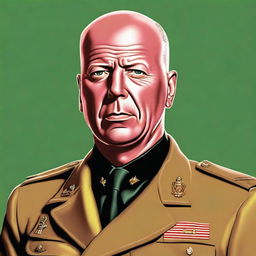 This is a detailed digital art portrait of Bruce Willis, portrayed as Colonel Mustard from the Clue board game, dressed in a 1950s American army uniform