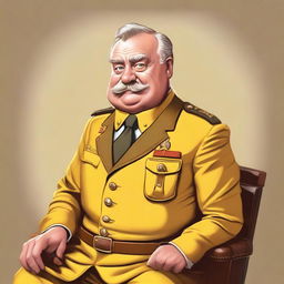 A high-quality digital art representation of Colonel Mustard from the Clue board game, sitting down in a dignified manner