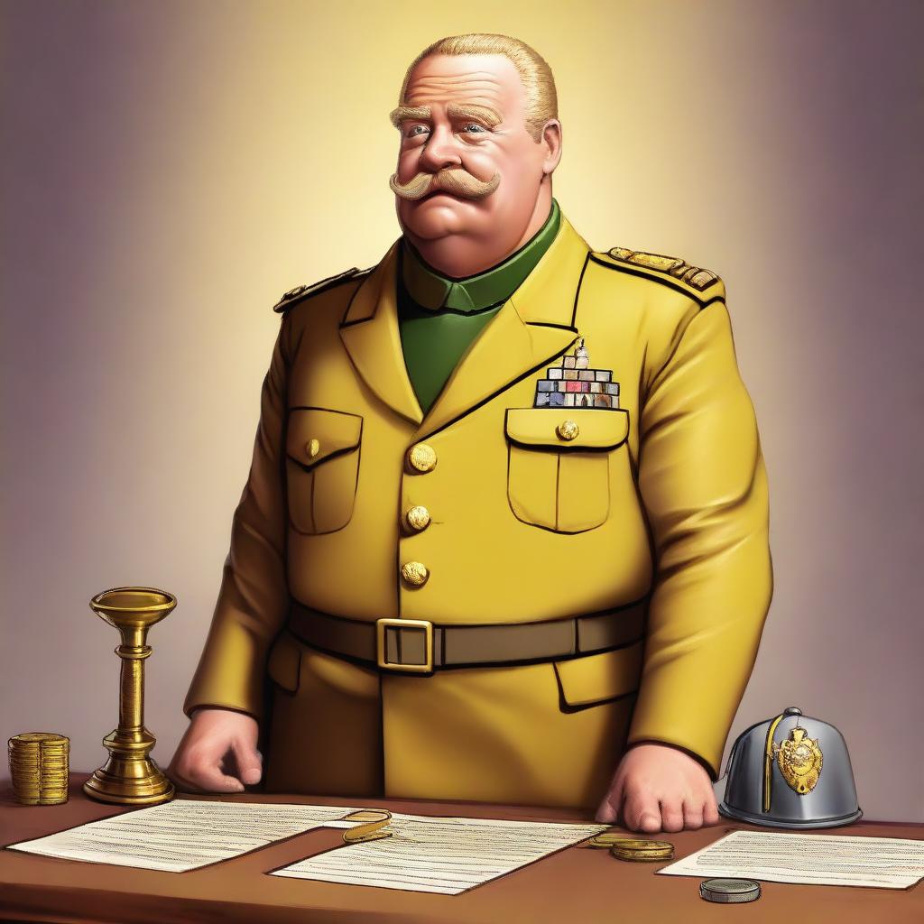 A high-quality digital art representation of Colonel Mustard from the Clue board game, sitting down in a dignified manner