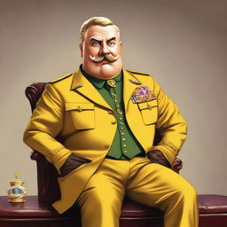 A high-quality digital art representation of Colonel Mustard from the Clue board game, sitting down in a dignified manner