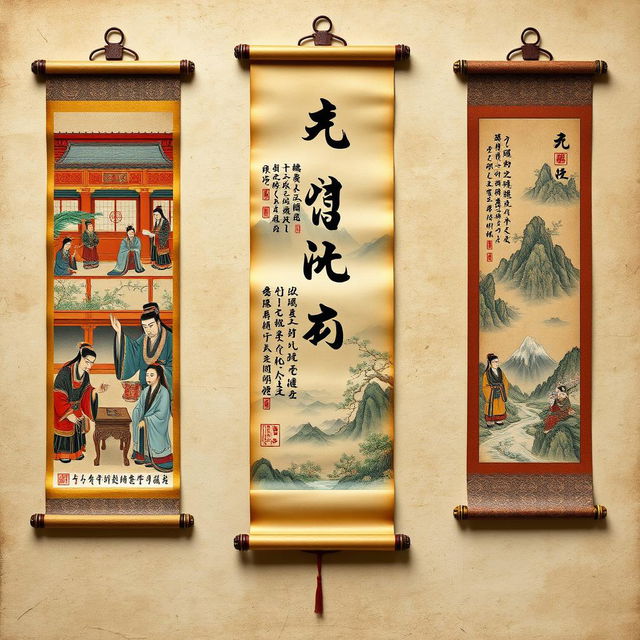 An artistic representation of ancient Tang Dynasty scrolls, showcasing beautifully illustrated scenes depicting court life, scholars in pursuit of knowledge, and serene landscapes with mountains and rivers