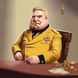 A high-quality digital art representation of Colonel Mustard from the Clue board game, sitting down in a dignified manner