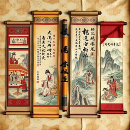 An artistic representation of ancient Tang Dynasty scrolls, showcasing beautifully illustrated scenes depicting court life, scholars in pursuit of knowledge, and serene landscapes with mountains and rivers