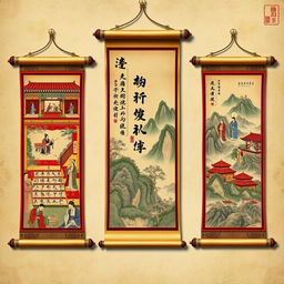 An artistic representation of ancient Tang Dynasty scrolls, showcasing beautifully illustrated scenes depicting court life, scholars in pursuit of knowledge, and serene landscapes with mountains and rivers