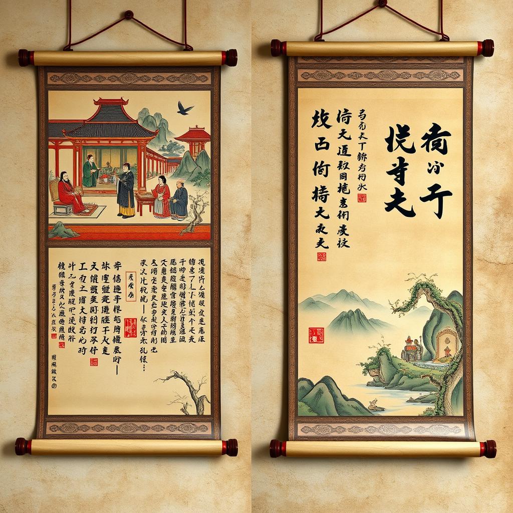 An artistic representation of ancient Tang Dynasty scrolls, showcasing beautifully illustrated scenes depicting court life, scholars in pursuit of knowledge, and serene landscapes with mountains and rivers