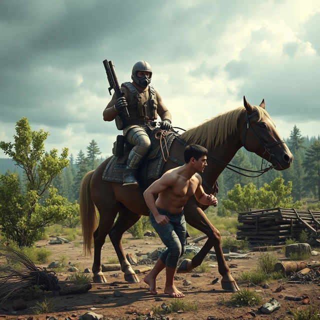 A rugged survival scene set in the game Rust, featuring a muscular man riding a powerful horse