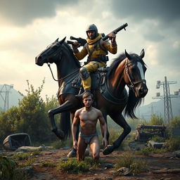 A rugged survival scene set in the game Rust, featuring a muscular man riding a powerful horse