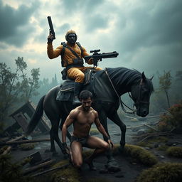 A rugged survival scene set in the game Rust, featuring a muscular man riding a powerful horse