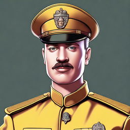 This is a detailed digital art portrait of a young and in-shape Colonel Mustard from the Clue board game