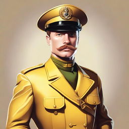 This is a detailed digital art portrait of a young and in-shape Colonel Mustard from the Clue board game