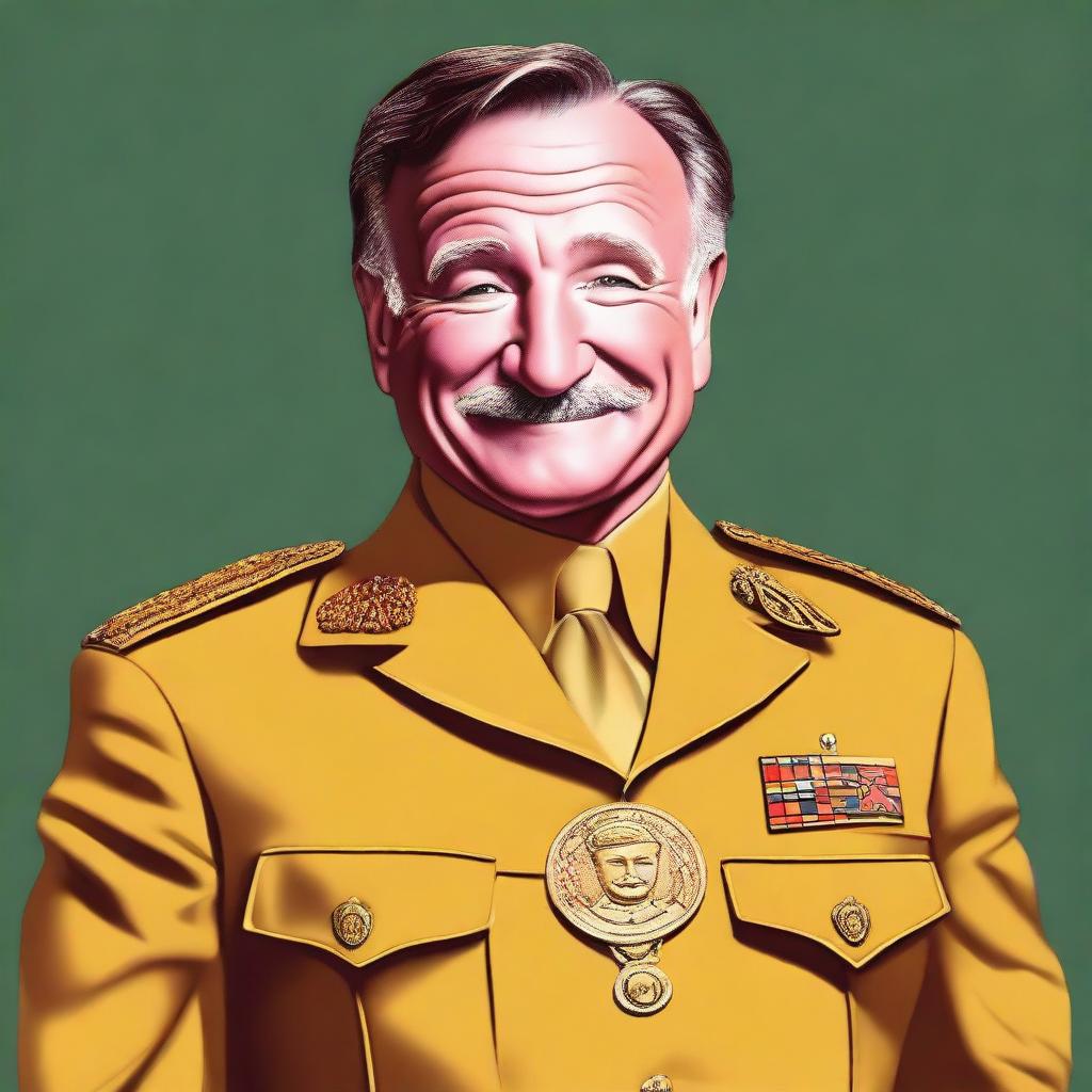 A high-quality digital art portrait of Robin Williams, portrayed as Colonel Mustard from the Clue board game