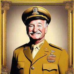 A high-quality digital art portrait of Robin Williams, portrayed as Colonel Mustard from the Clue board game