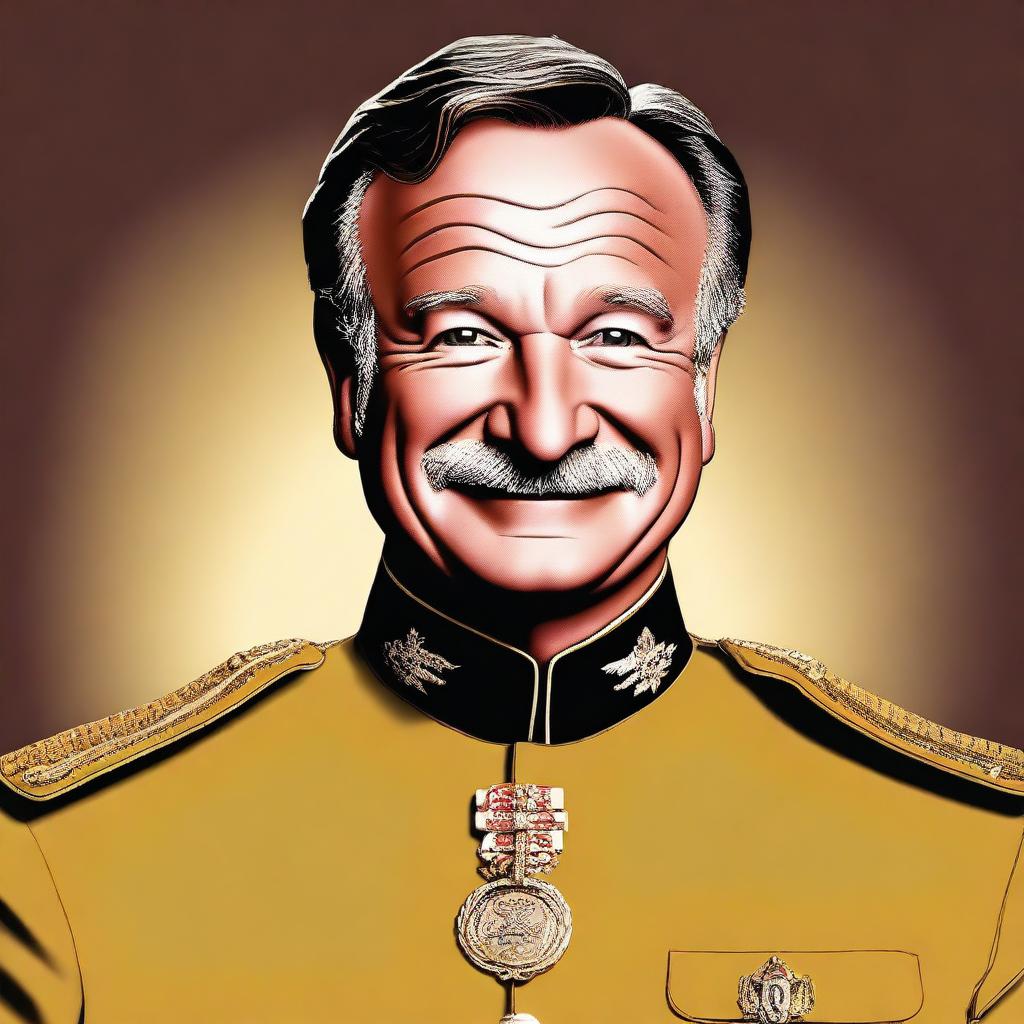 A high-quality digital art portrait of Robin Williams, portrayed as Colonel Mustard from the Clue board game