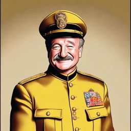 A high-quality digital art portrait of Robin Williams, portrayed as Colonel Mustard from the Clue board game