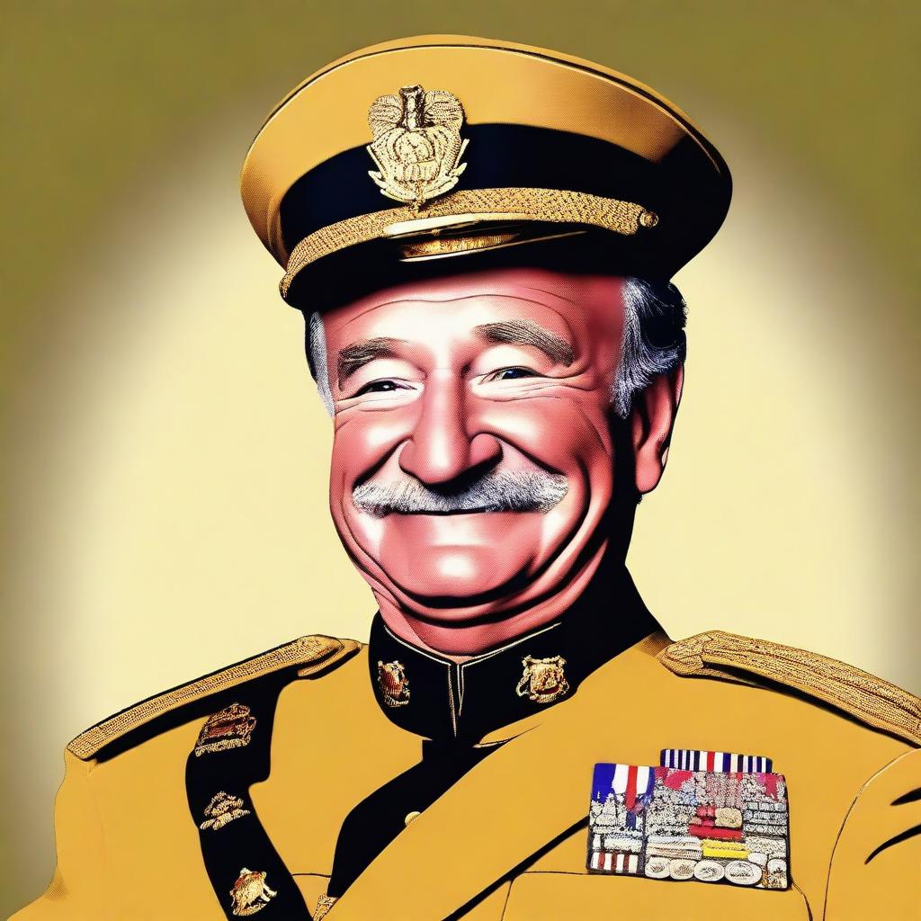 This is a high-quality digital art portrait of Robin Williams, portrayed as Colonel Mustard from the Clue board game