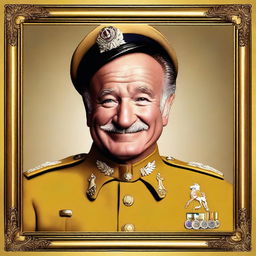 This is a high-quality digital art portrait of Robin Williams, portrayed as Colonel Mustard from the Clue board game