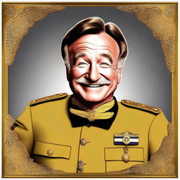 A high-quality digital art portrait of Robin Williams, portrayed as Colonel Mustard from the Clue board game, with a characteristic grin on his face