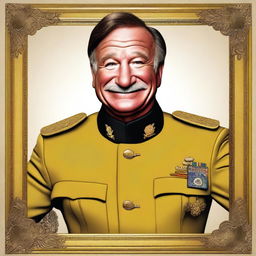 A high-quality digital art portrait of Robin Williams, portrayed as Colonel Mustard from the Clue board game, with a characteristic grin on his face