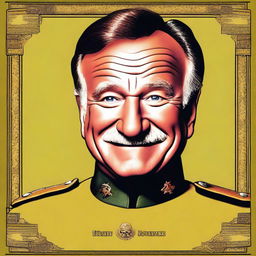 A high-quality digital art portrait of Robin Williams, portrayed as Colonel Mustard from the Clue board game, with a characteristic grin on his face