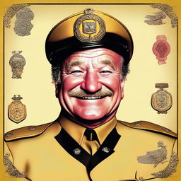 A high-quality digital art portrait of Robin Williams, portrayed as Colonel Mustard from the Clue board game, with a characteristic grin on his face