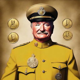 A high-quality digital art portrait of Robin Williams, portrayed as Colonel Mustard from the Clue board game, with a serious expression on his face