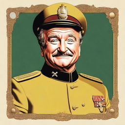 A high-quality digital art portrait of Robin Williams, portrayed as Colonel Mustard from the Clue board game, with a serious expression on his face