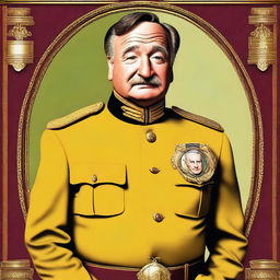 A high-quality digital art portrait of Robin Williams, portrayed as Colonel Mustard from the Clue board game, with a serious expression on his face