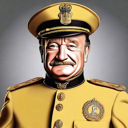 A high-quality digital art portrait of Robin Williams, portrayed as Colonel Mustard from the Clue board game, with a serious expression on his face