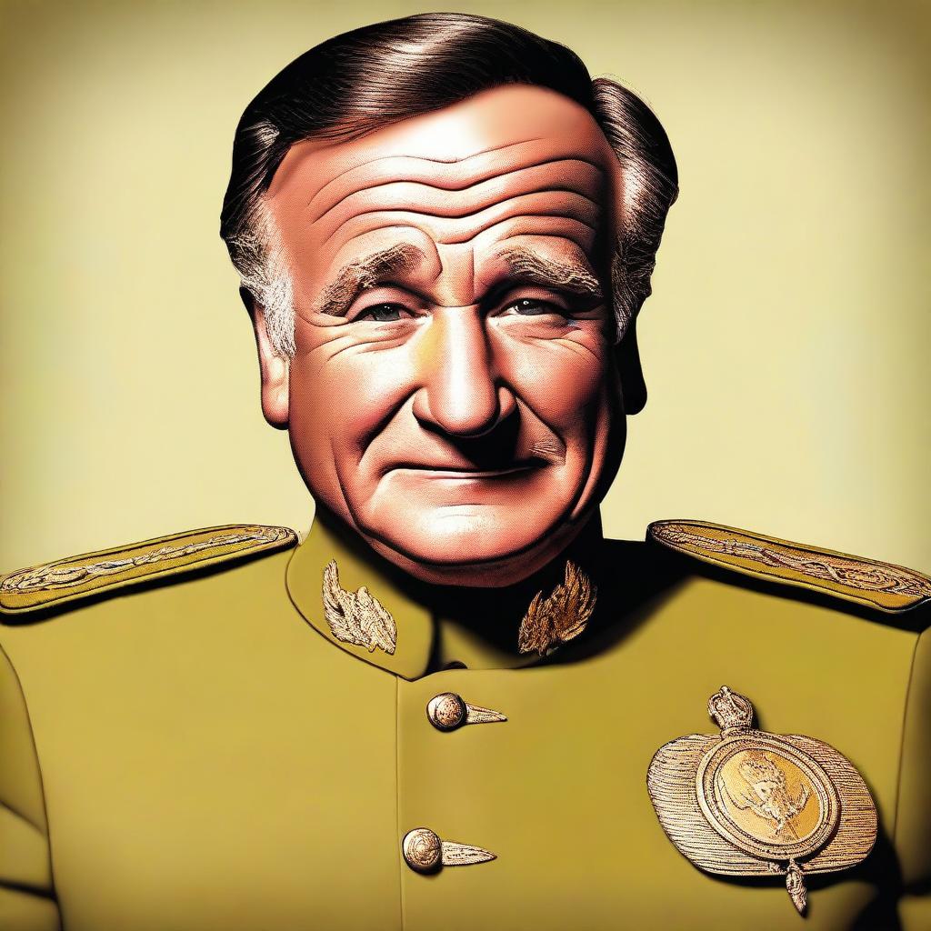 This is a high-quality digital art portrait of Robin Williams, portrayed as Colonel Mustard from the Clue board game, with a serious expression on his face