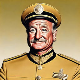 This is a high-quality digital art portrait of Robin Williams, portrayed as Colonel Mustard from the Clue board game, with a serious expression on his face