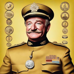 This is a high-quality digital art portrait of Robin Williams, portrayed as Colonel Mustard from the Clue board game, with a serious expression on his face