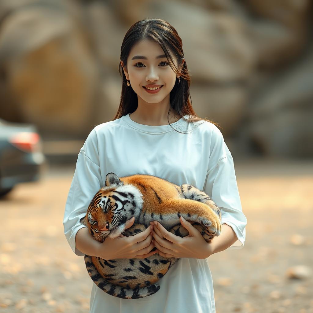 A beautiful Korean woman standing and facing the camera with a soft smile, wearing a long white t-shirt