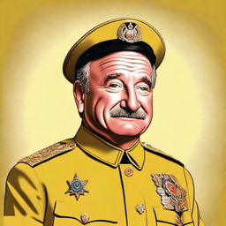 This is a high-quality digital art portrait of Robin Williams, portrayed as Colonel Mustard from the Clue board game, with a serious expression on his face