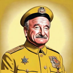 This is a high-quality digital art portrait of Robin Williams, portrayed as Colonel Mustard from the Clue board game, with a serious expression on his face