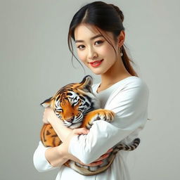 A beautiful Korean woman standing and facing the camera with a soft smile, wearing a long white t-shirt