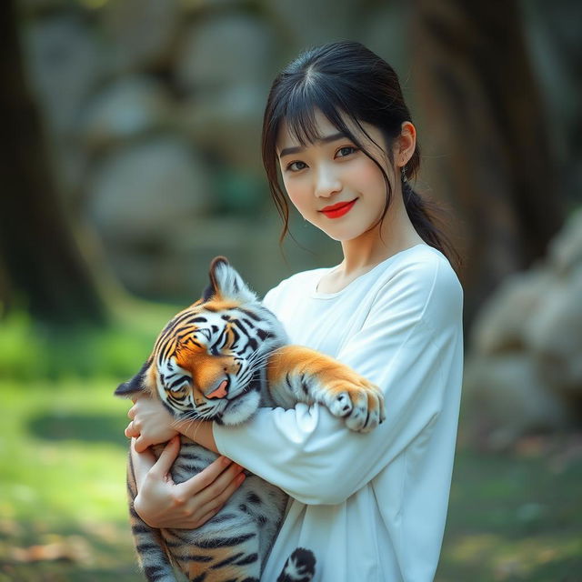 A beautiful Korean woman standing and facing the camera with a soft smile, wearing a long white t-shirt