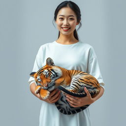 A beautiful Korean woman standing and facing the camera with a soft smile, wearing a long white t-shirt