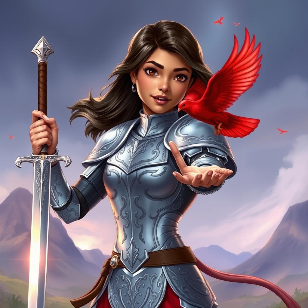 An illustration of Elyse Jett, an Indian-American girl with light tan skin, dark brown hair, and brown eyes