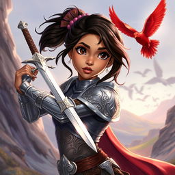 An illustration of Elyse Jett, an Indian-American girl with light tan skin, dark brown hair, and brown eyes